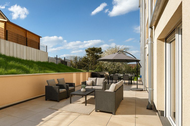 Terrasse (KI-Staging) Kieselbronn - Kieselbronn Maisonettewohnung Frei ab sofort - exklusive Maisonettewohnung im Erdgeschoss (Haus im Haus)