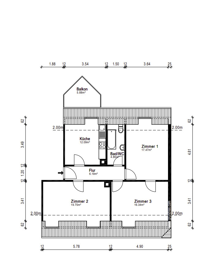 Grundriss Dachgeschosswohnung Ettlingen