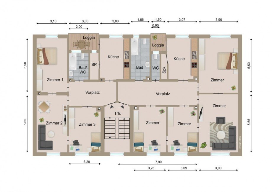 Etagengrundriss 1.-3. OG Mehrfamilienhaus Karlsruhe