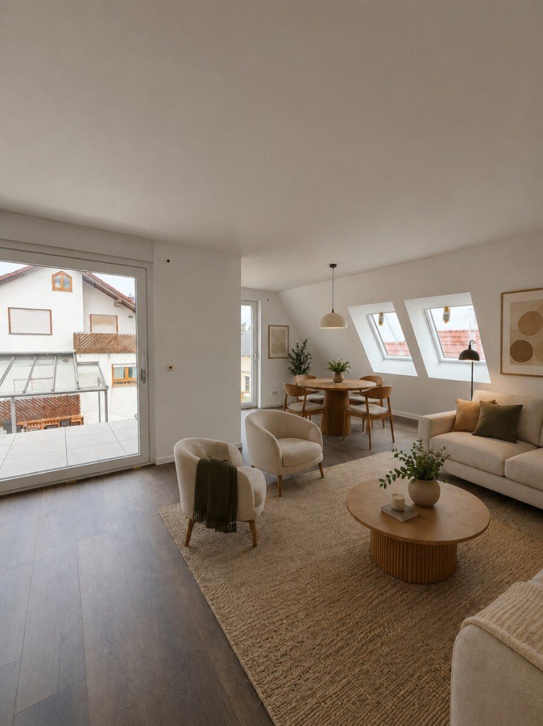 KI-Visualisierung Wohnen/Essen/Kochen Kieselbronn - Kieselbronn Dachgeschosswohnung Eleganz und Weitblick - Dachgeschosswohnung mit einem Balkon und luxuri�sem Design