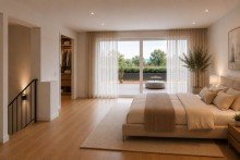 Gro�z�giges Schlafzimmer mit begehbarem Kleiderschrank (KI-Visualisierung) Exklusives, lichtdurchflutetes Reihenendhaus mit Dachterrasse und zwei sonnigen Terrassen