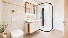 Badezimmer im Dachgeschoss mit direktem Zugang vom Schlafzimmer (KI-Visualisierung) Exklusives, lichtdurchflutetes Reihenendhaus mit Dachterrasse und zwei sonnigen Terrassen
