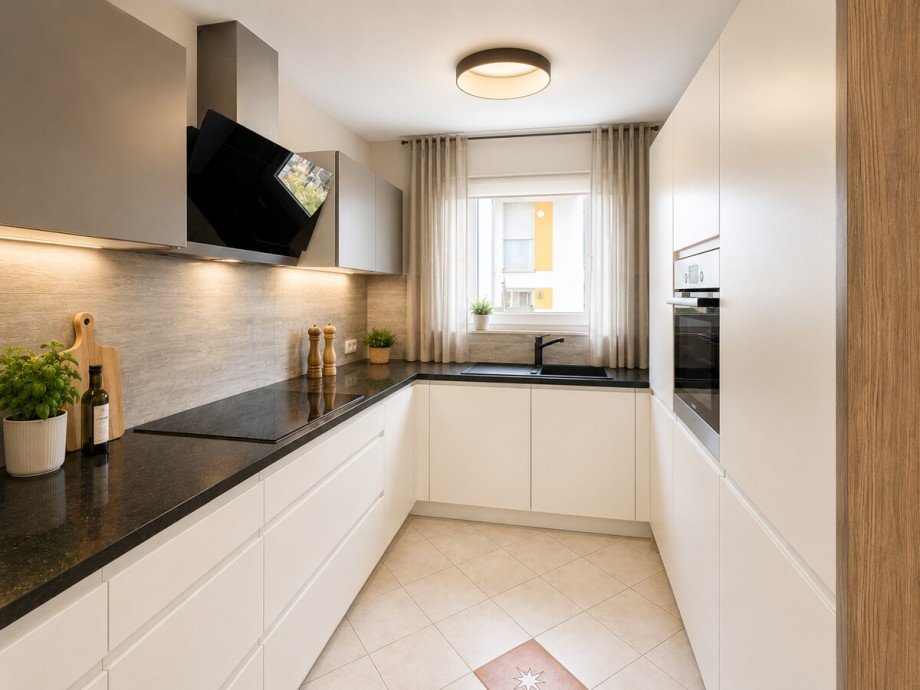 K�che im Erdgeschoss mit Blick zu den Terrassen (KI-Visualisierung) Reihenendhaus Baden-Baden