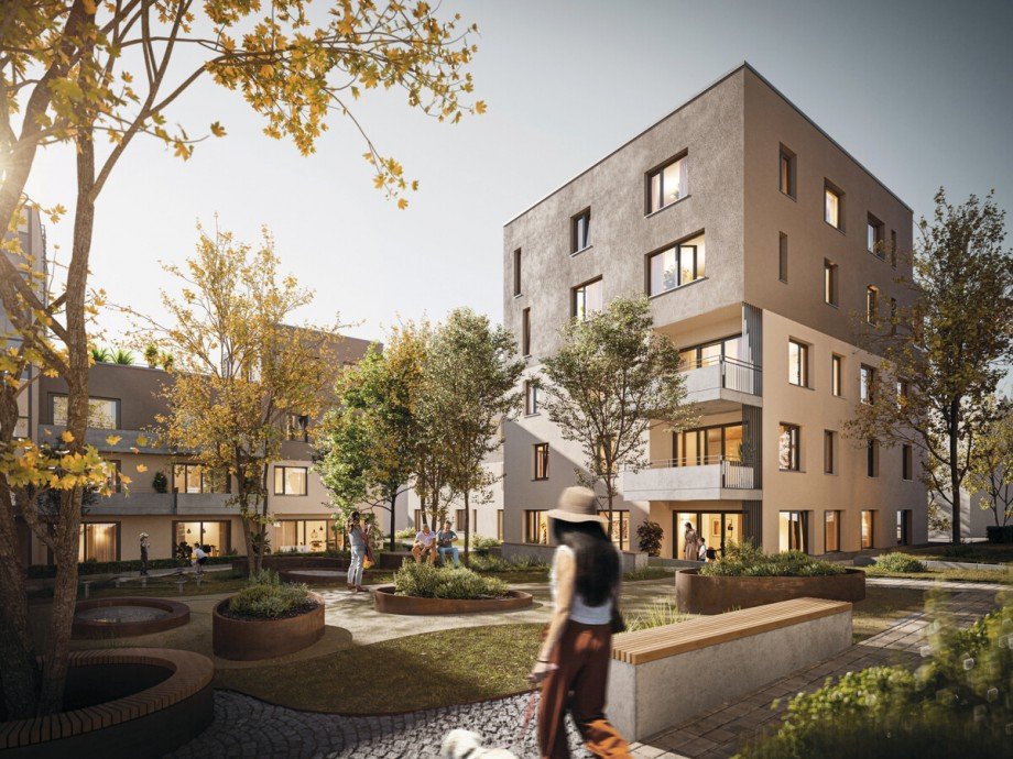 Perspektive vom Quartierszugang Erdgeschosswohnung Birkenfeld