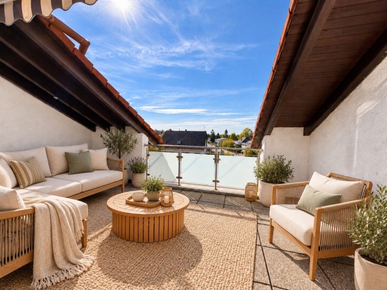 M�blierungsvorschlag (KI) Ettlingen - Ettlingen Dachgeschosswohnung Penthouse-Feeling �ber den D�chern Ettlingens - gro�z�gige 2-Zimmer-Wohnung mit S�d-Dachterrasse