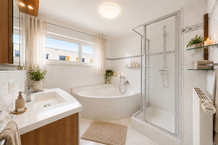 Gro�z�giges, helles Badezimmer im Obergeschoss (KI-Visualisierung) Reihenendhaus Baden-Baden